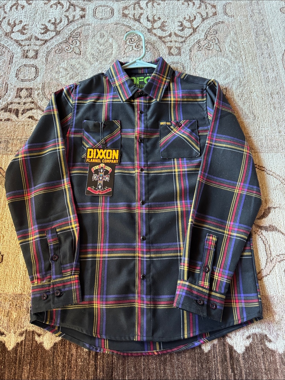 DIXXON Guns N Roses Black Plaid Button-Down Shirt with Yellow & Purple Stripes
